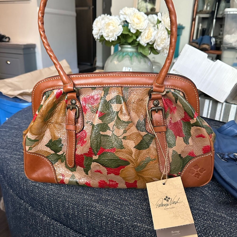 Patricia Nash Brown and Red Shoulder Bag with Floral Design